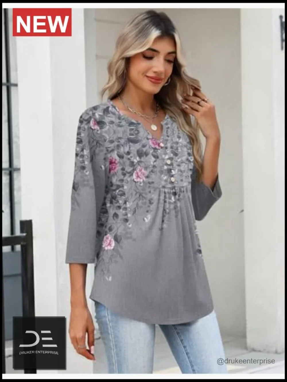 Womens 3/4 Sleeve V Neck Pleated Tunic Tops Dressy Casual Blouses - Picture 5 of 7